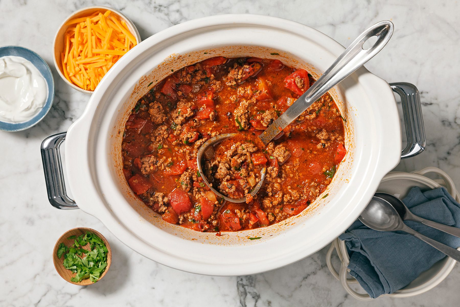 overhead shot of slow cooker keto chili.