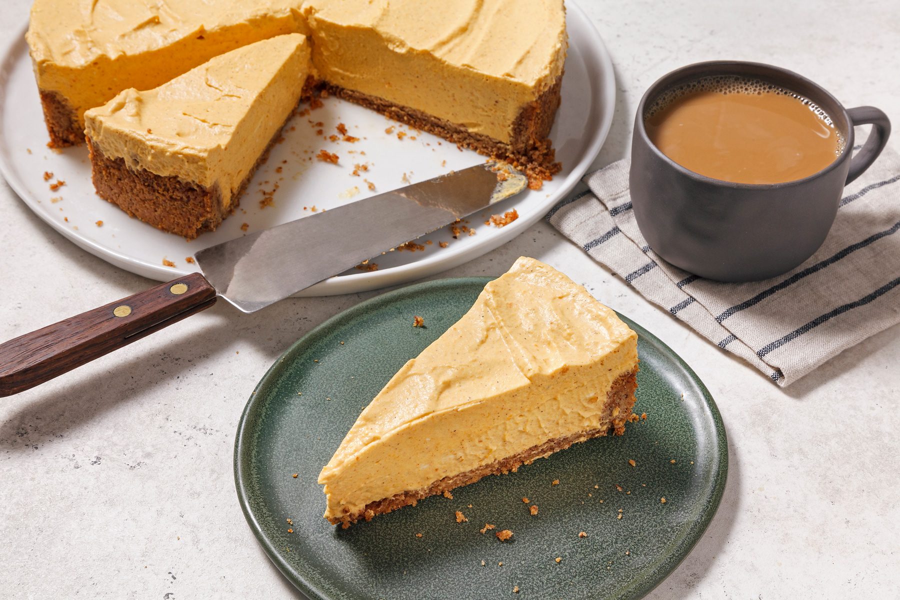high angle shot of keto pumpkin cheesecake.