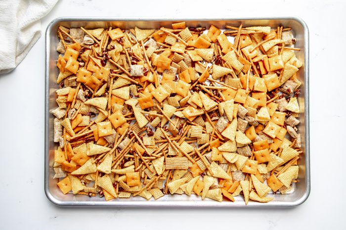 Overhead shot for Taste of Home Reindeer Chow, before being baked on a baking sheet.