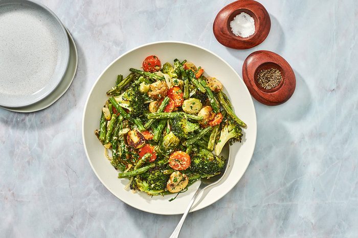 Roasted Green Vegetable Medley served in a large serving bowl