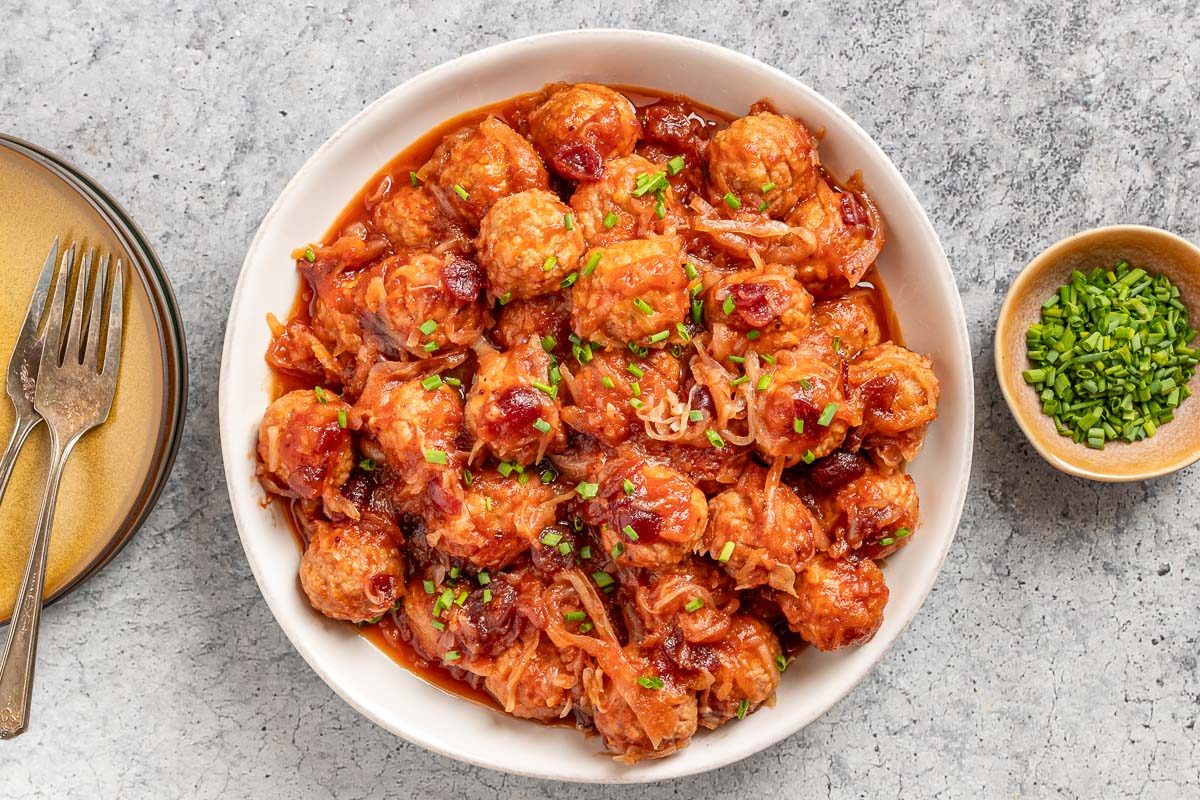 Taste of Home Sauerkraut Meatballs photo of the finished recipe.