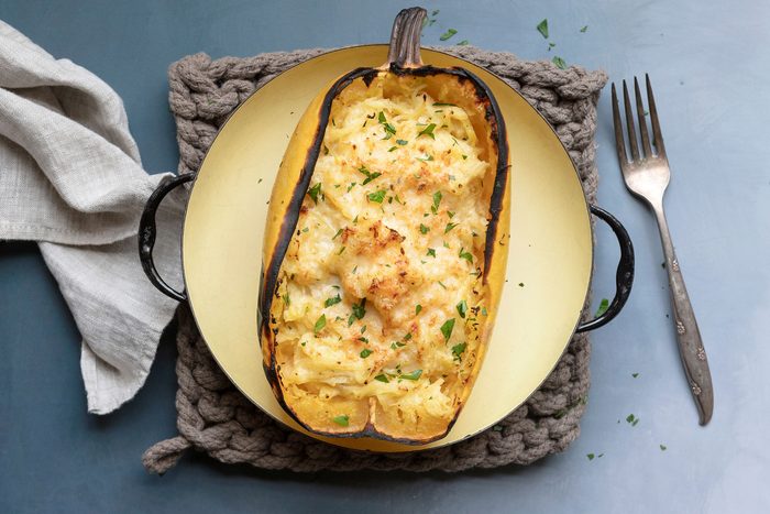 Add a little Alfredo sauce to the spaghetti squash noodles in the bowl