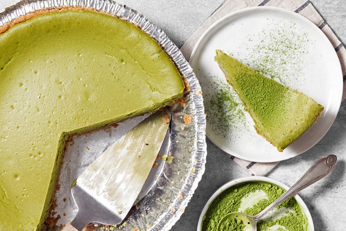 Matcha Cheesecake slice and served in a plate