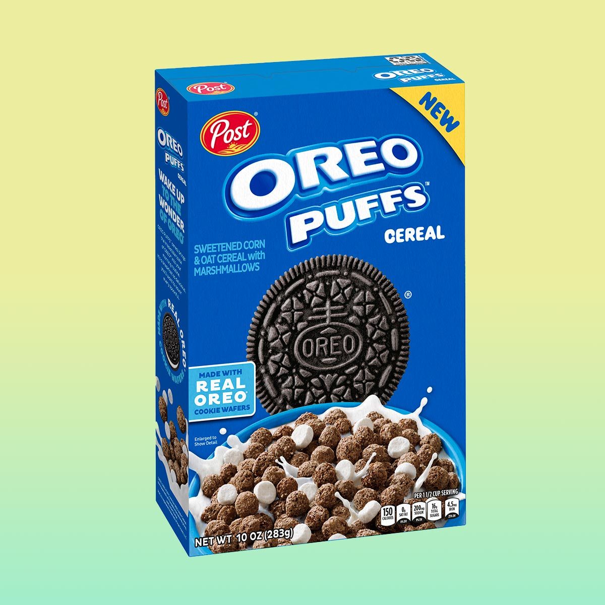Box of Oreo Puffs cereal on a yellow and green background