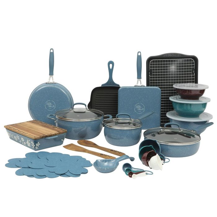 A set of many teal kitchen items including pots, pans, and bowls