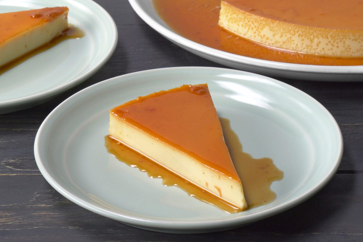 Flan cut into wedge shape