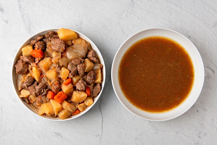 remove meat and vegetables to a large bowl; set aside and keep warm. Pour pan juices into another bowl; set aside.