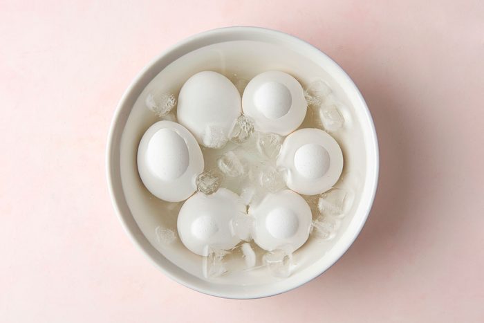 Rinse eggs in cold water and place in ice water until completely cooled.