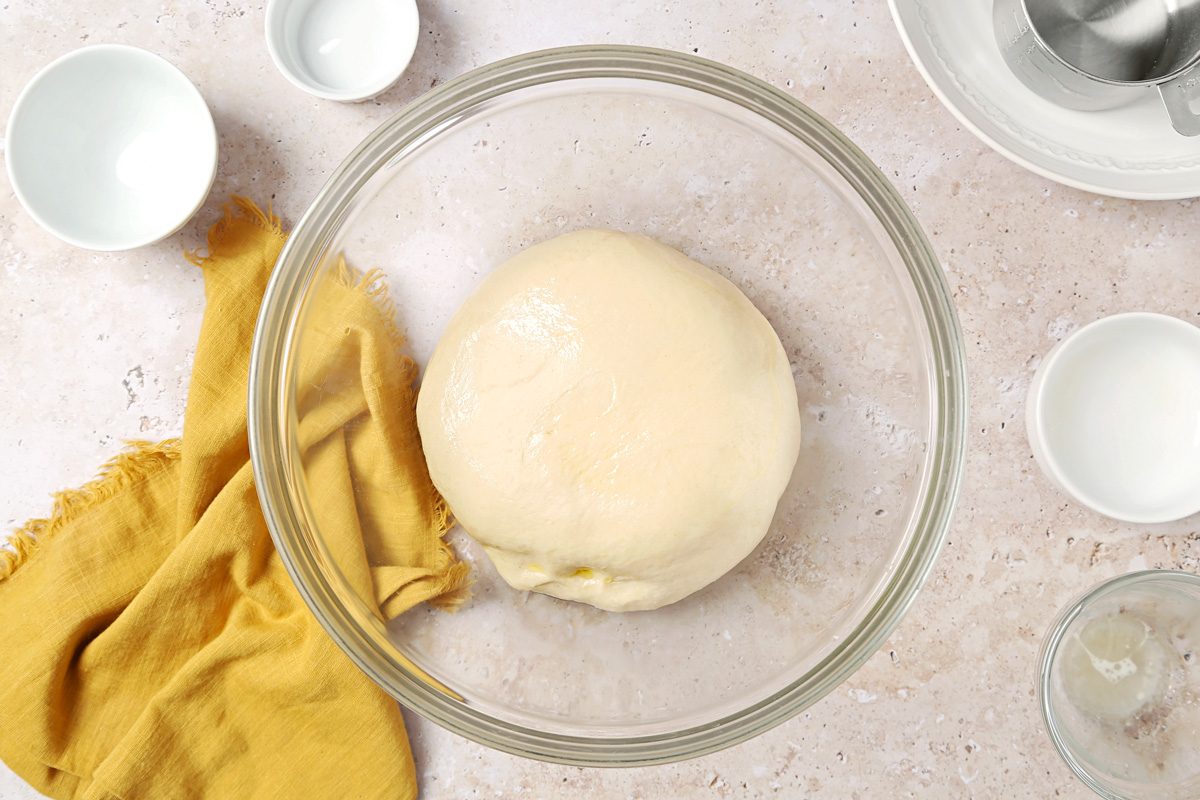 kneaded dough in a greased bowl