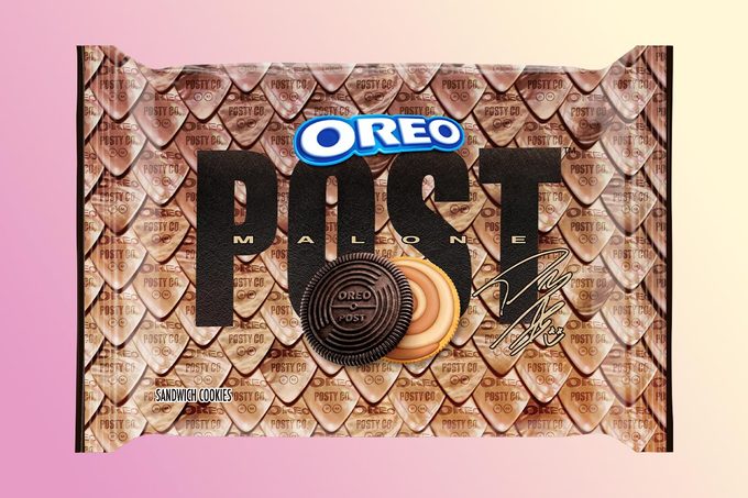 Package of Post malone Oreos decorated with guitar picks on a yellow and pink background