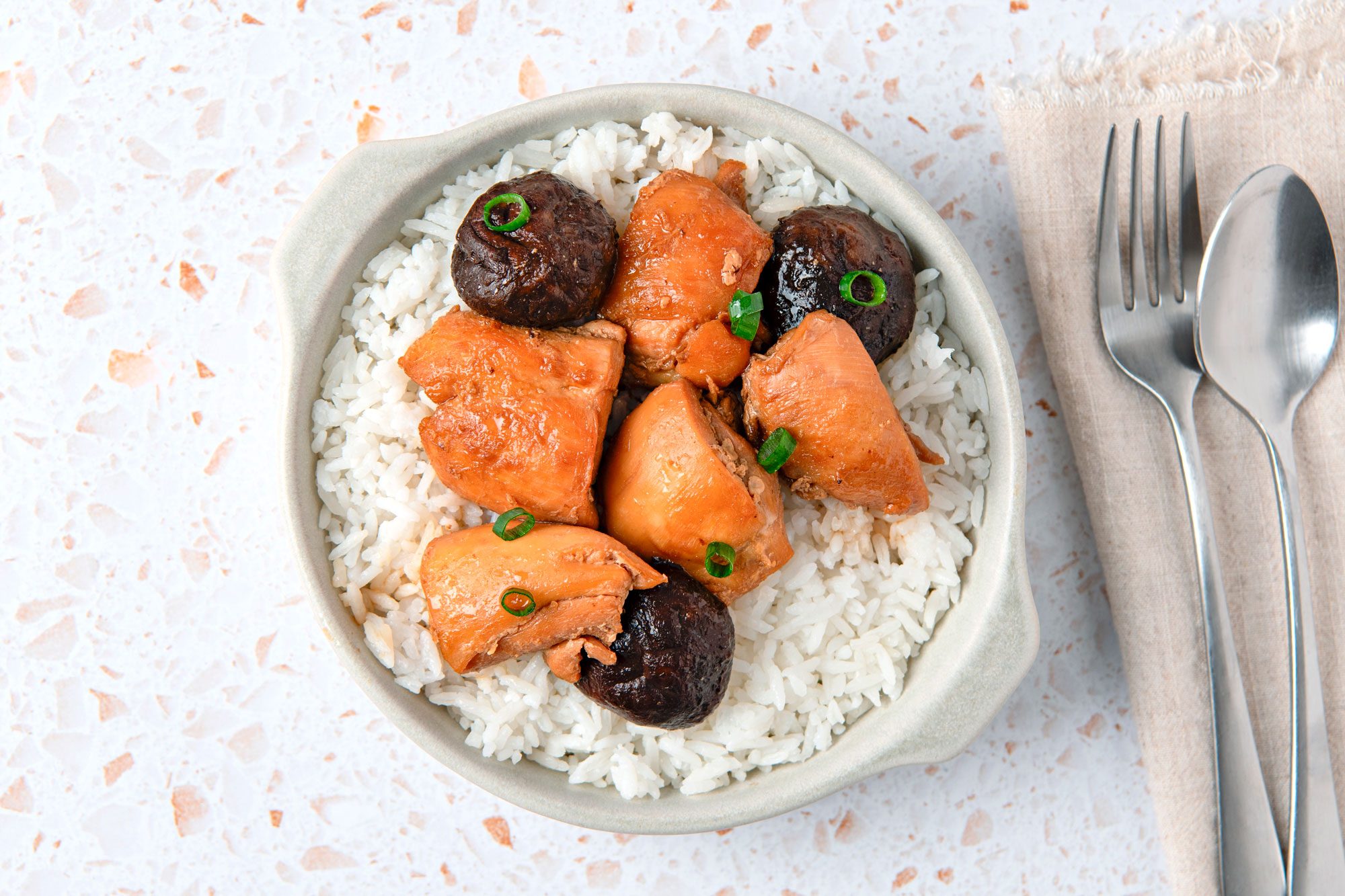 overhead shot of soy sauce chicken served with rice