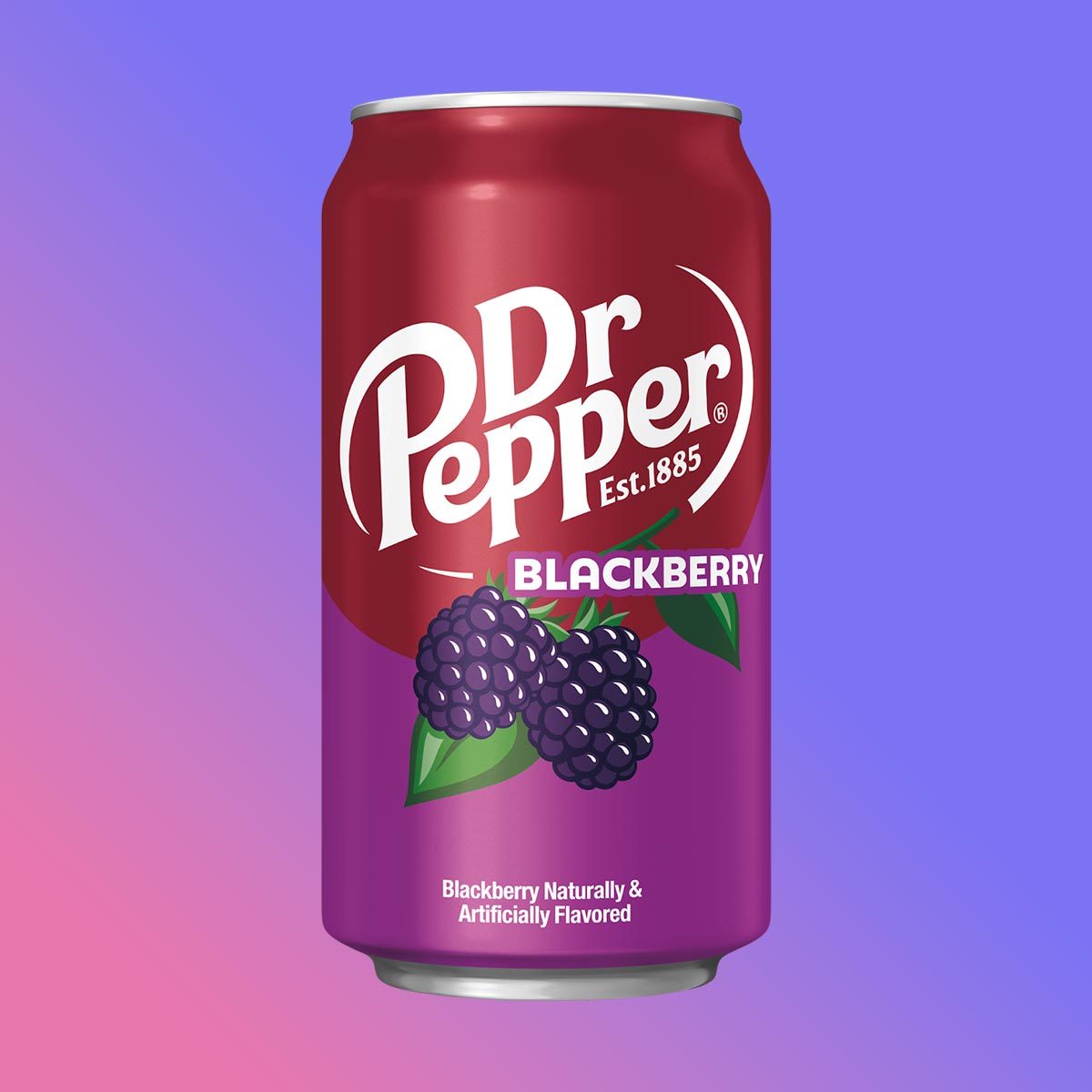 Dr Pepper Blackberry can on a purple background