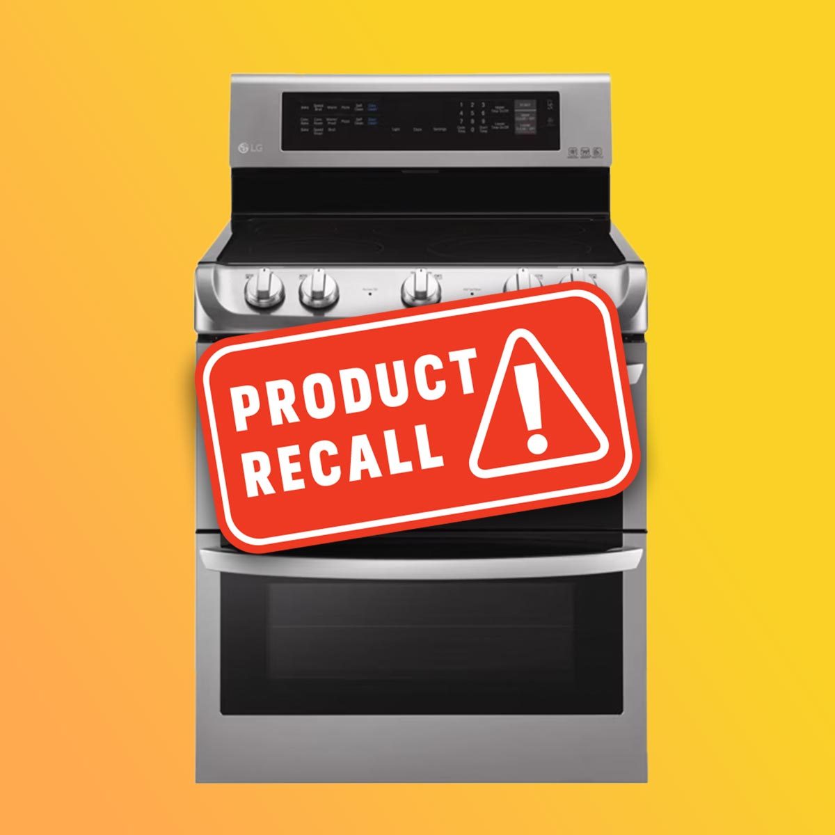 LG electric range with a red "product recall" sticker overlaid, on a yellow background